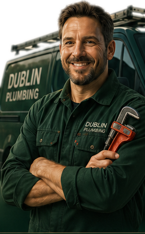 Irish plumber standing by a plumbing van