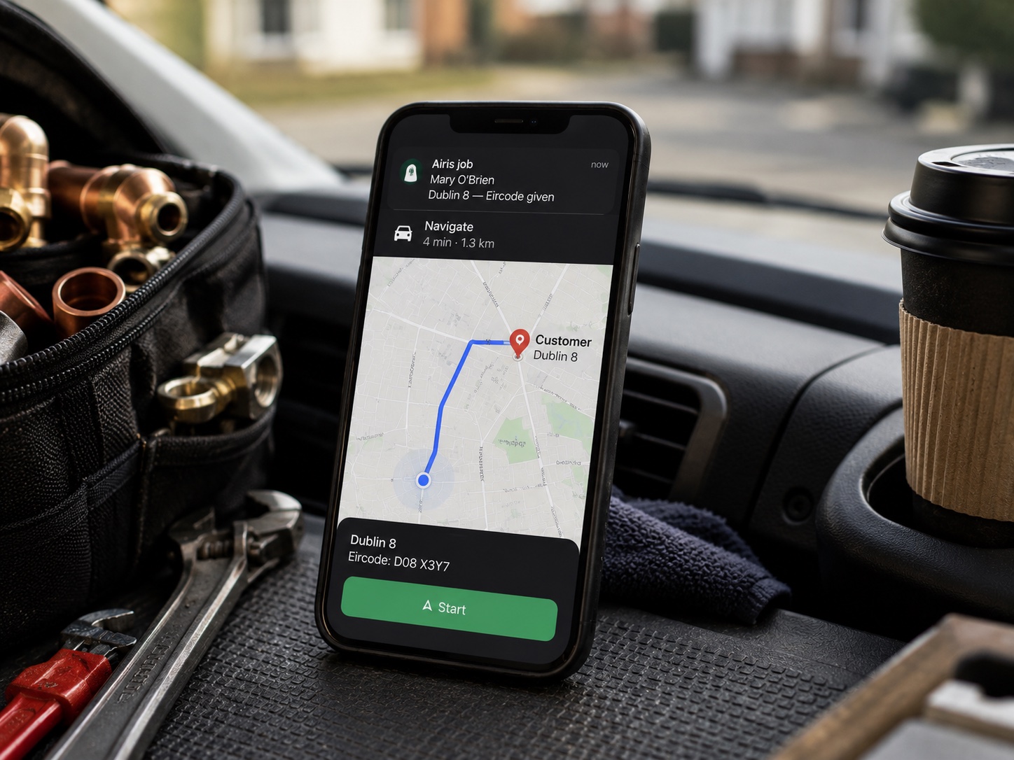 Job details screen with map location and Navigate action